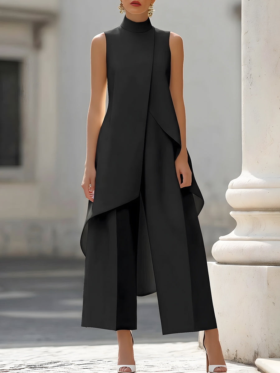 Ensemble femme Catalina de Danoir Paris avec haut à col et pantalons palazzo, tissu léger et élégant, couleur neutre.