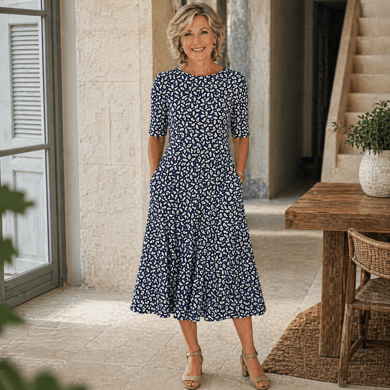 Robe midi florale Sarah de Danoir Paris, robe élégante à imprimé floral léger, portée décontractée.