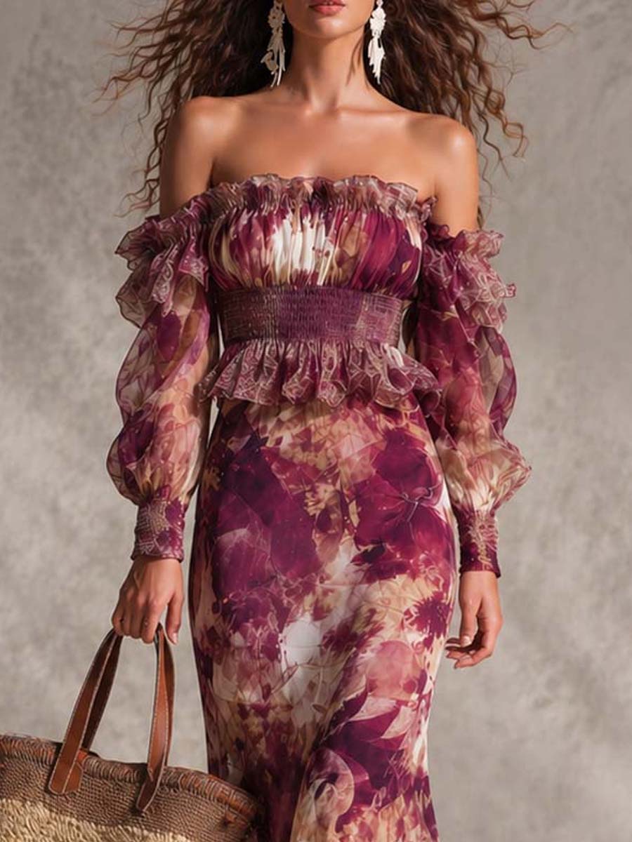 Robe longue rose rose pastel à fleurs, décolleté été, en chiffon léger, de la marque Danoir Paris, vue de face.