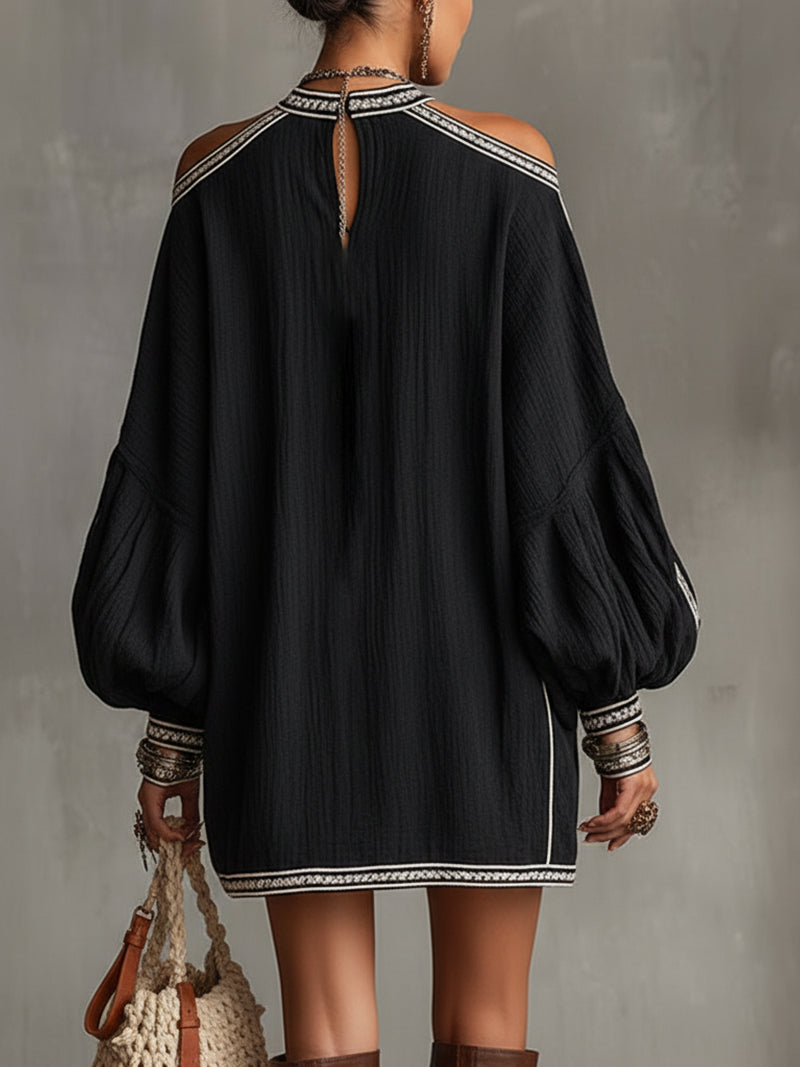 Robe Mini en Lin Noir Boho à Épaules Dégagées et Manches Lanternes - Expédition en 24 Heures