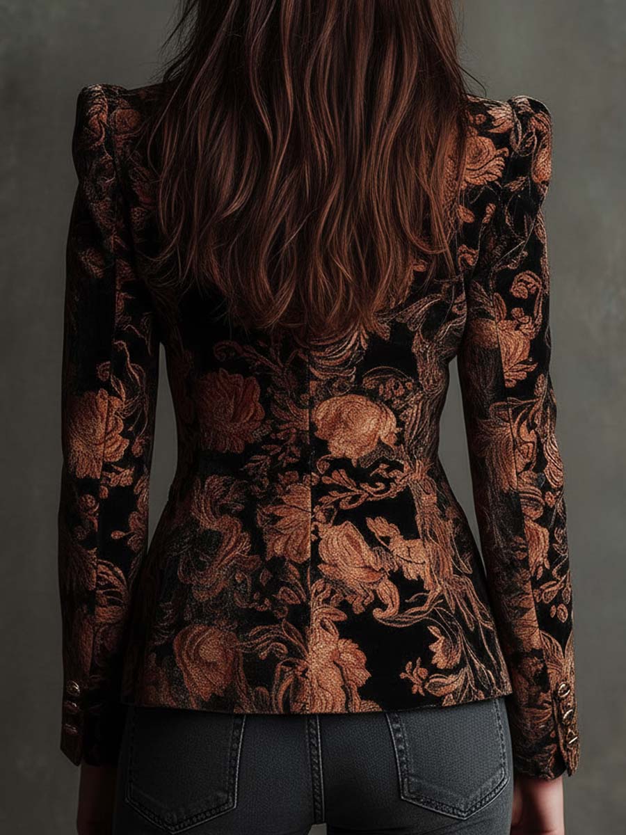 Blazer tailleur long à manches longues Danoir Paris, imprimé fleuri noir et bronze, élégant et sophistiqué.