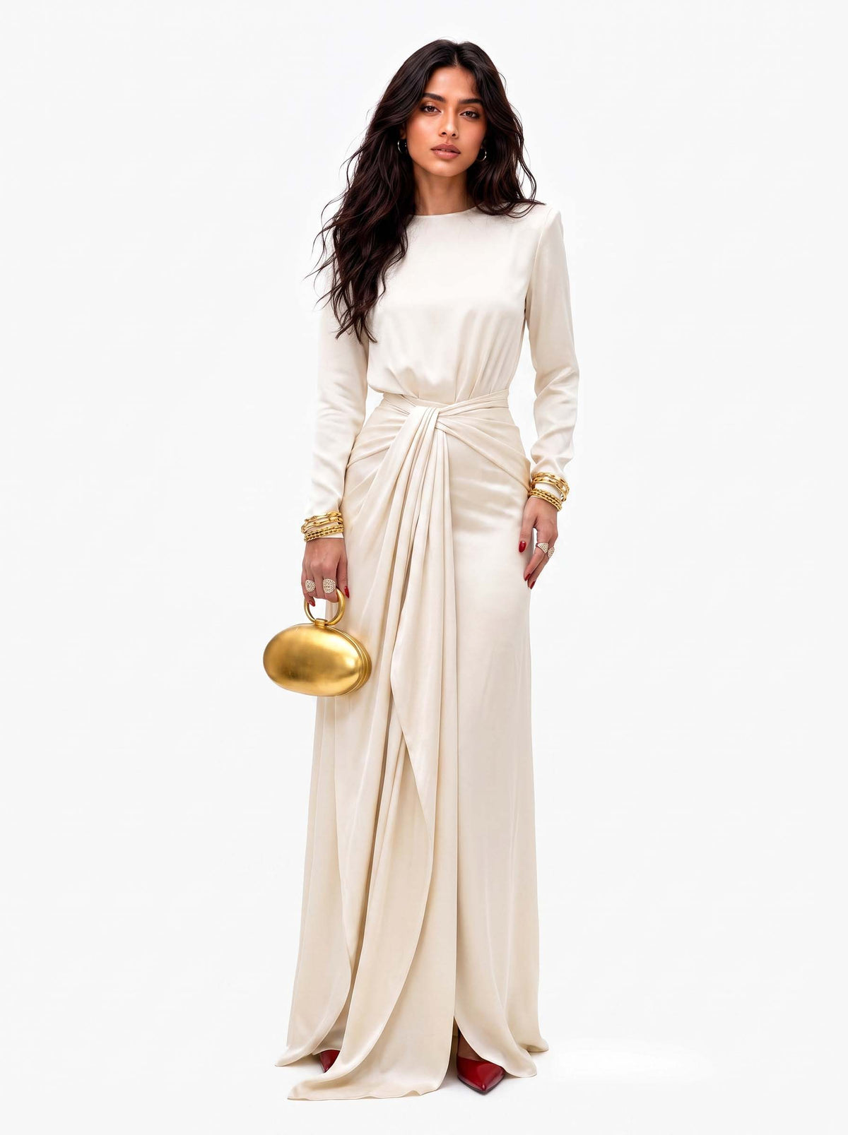 Robe longue en satin Drapé Cassandra de Danoir Paris, élégante robe femme avec finition fluide et sophistiquée.