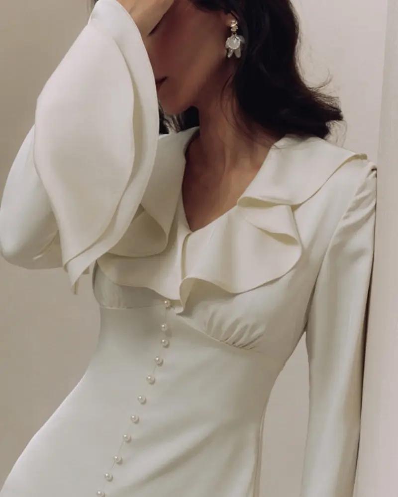 Pearl Button Ruffle Midi Dress Old Money Women