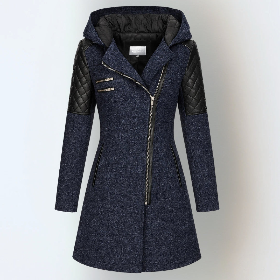Manteau d'hiver luxueux Danoir Paris Valeria, chaud et élégant, en tissu épais avec capuche et détails sophistiqués.