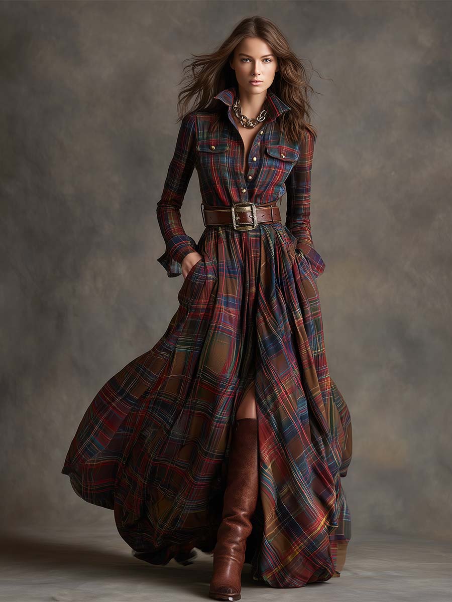 Giulietta - Robe Chemise Longue à Carreaux avec Ceinture