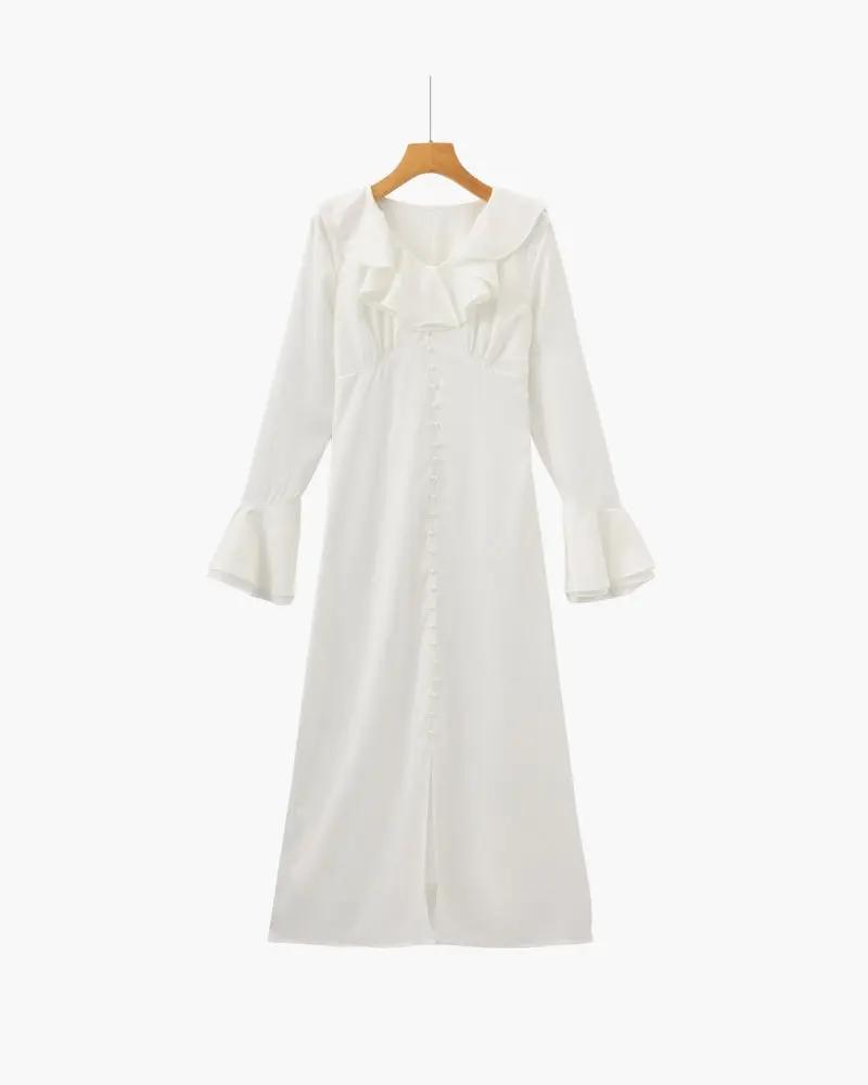 Pearl Button Ruffle Midi Dress Old Money Women