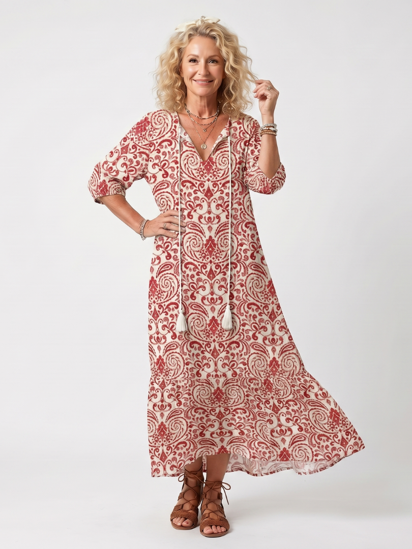 Noelle | Robe Midi à Motif Ornamental avec Franges et Liens