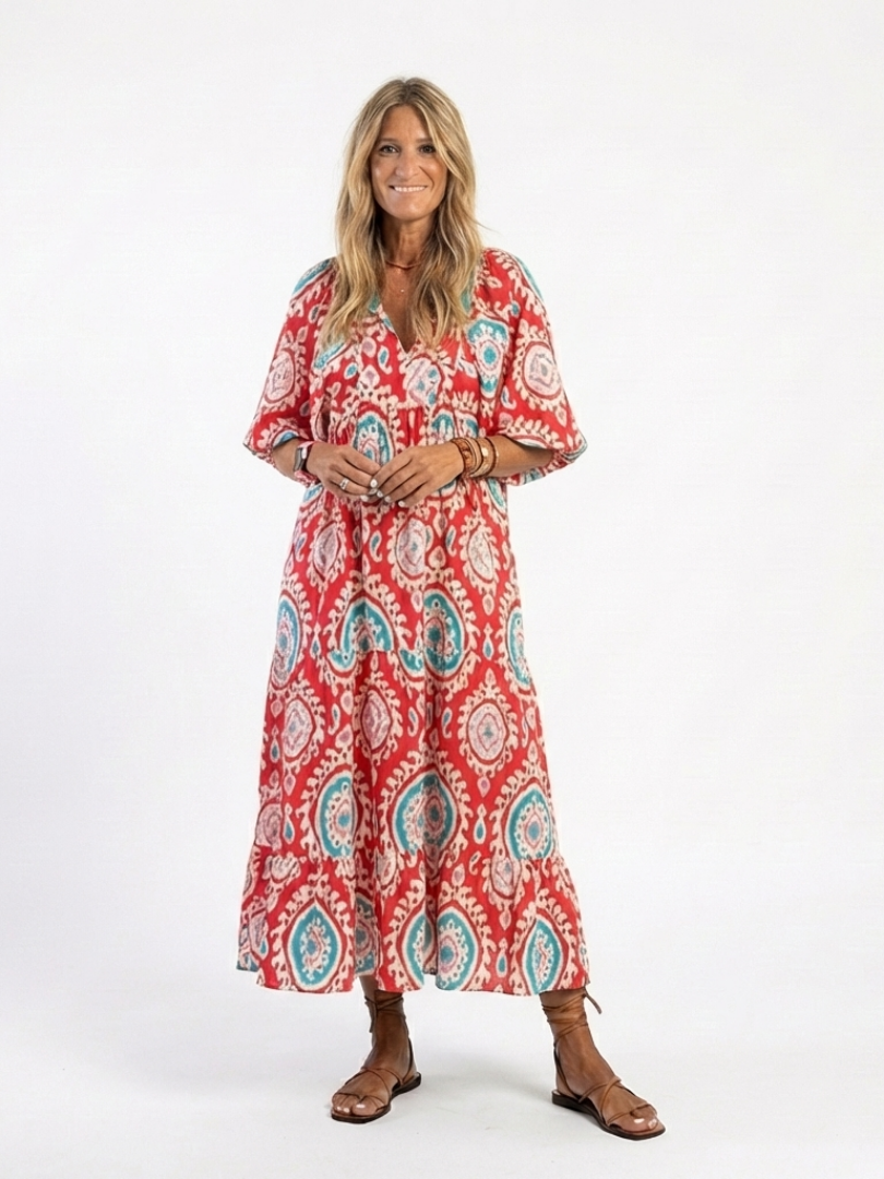 Zaria | Robe midi à manches courtes avec imprimé paisley en V
