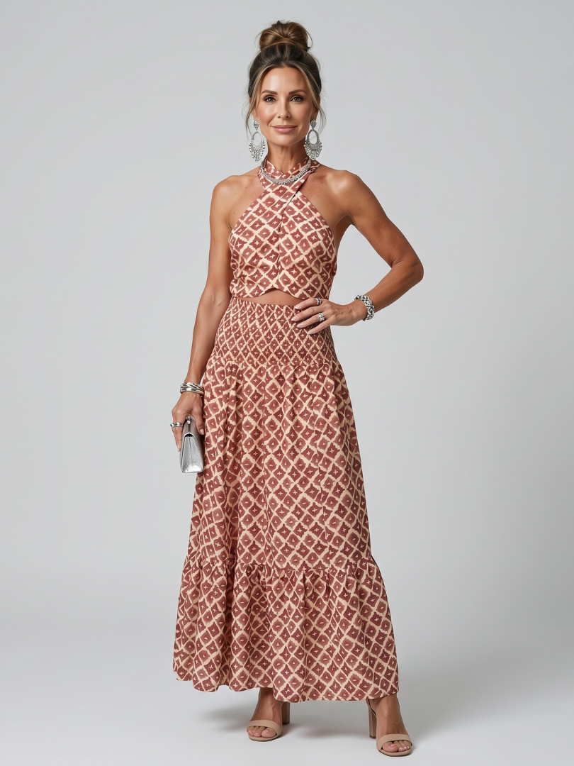 Amira | Robe midi asymétrique imprimé géométrique avec découpes