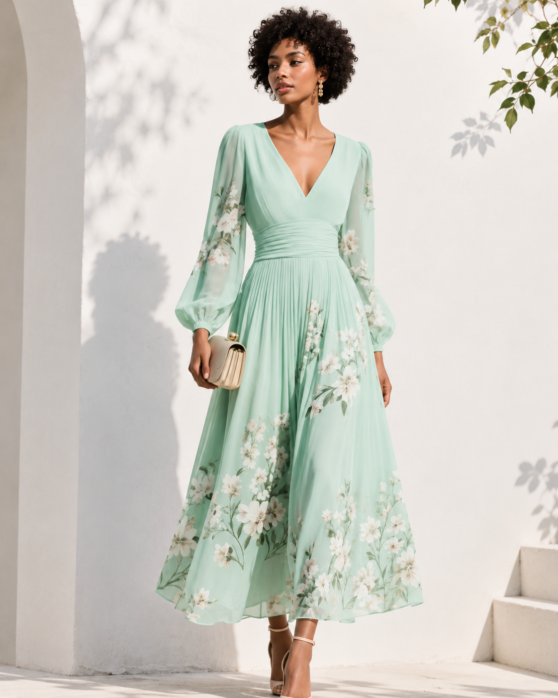 Robe longue élégante pour femme avec décolleté en V profond et manches longues, signée Danoir Paris.