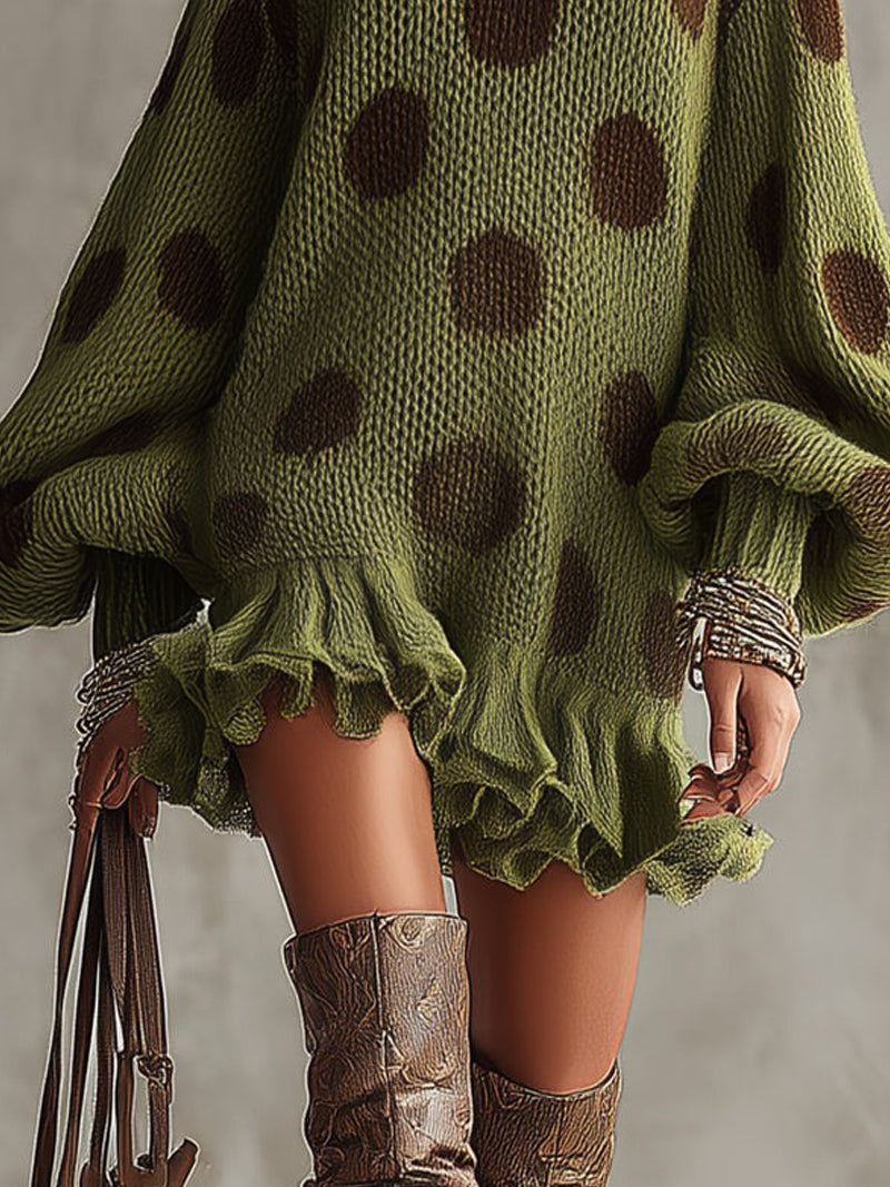 Robe-Sweater Tricotée Oversize à Pois Verts avec Ourlet Volant - Expédition en 24 Heures