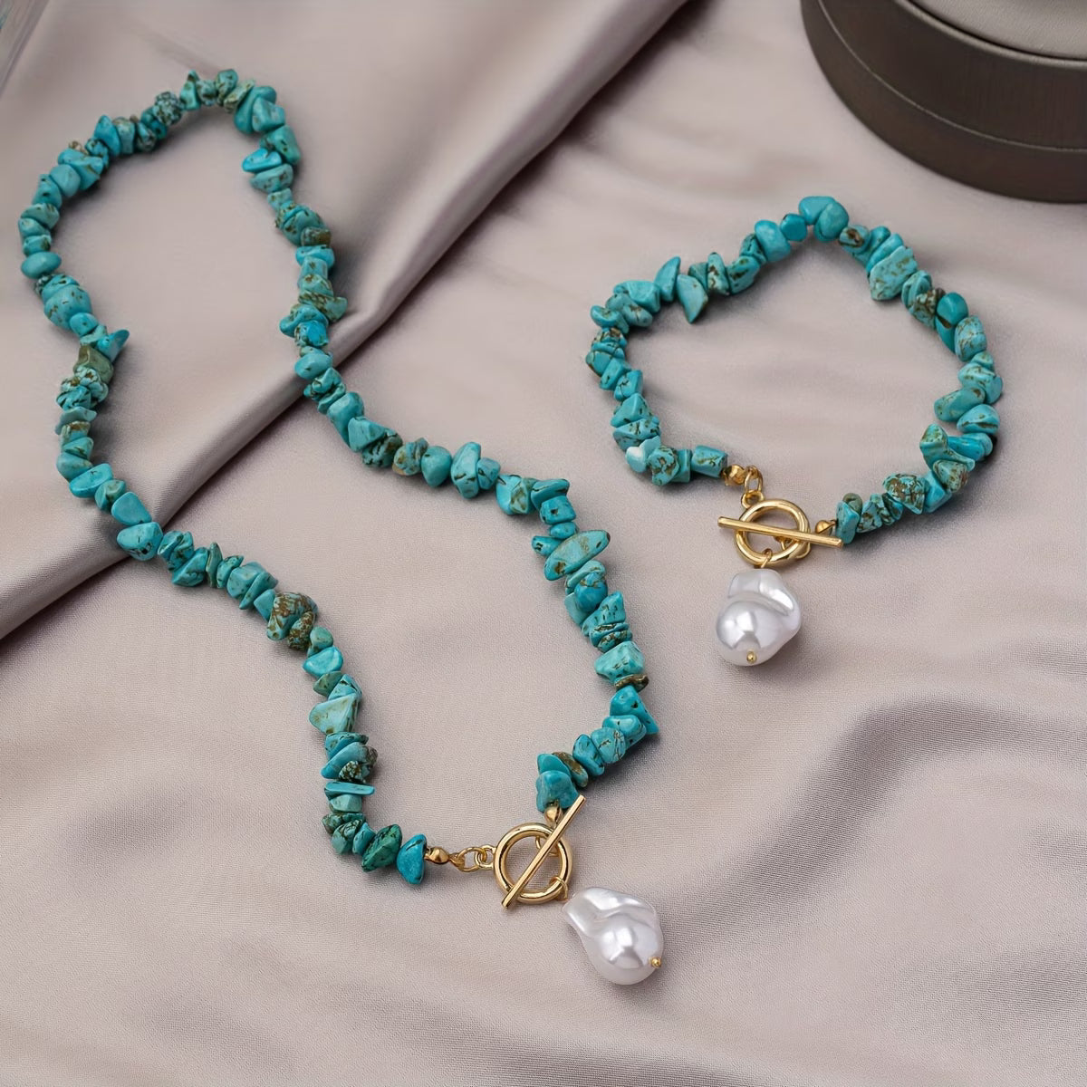 Ensemble collier et bracelet turquoise et perle