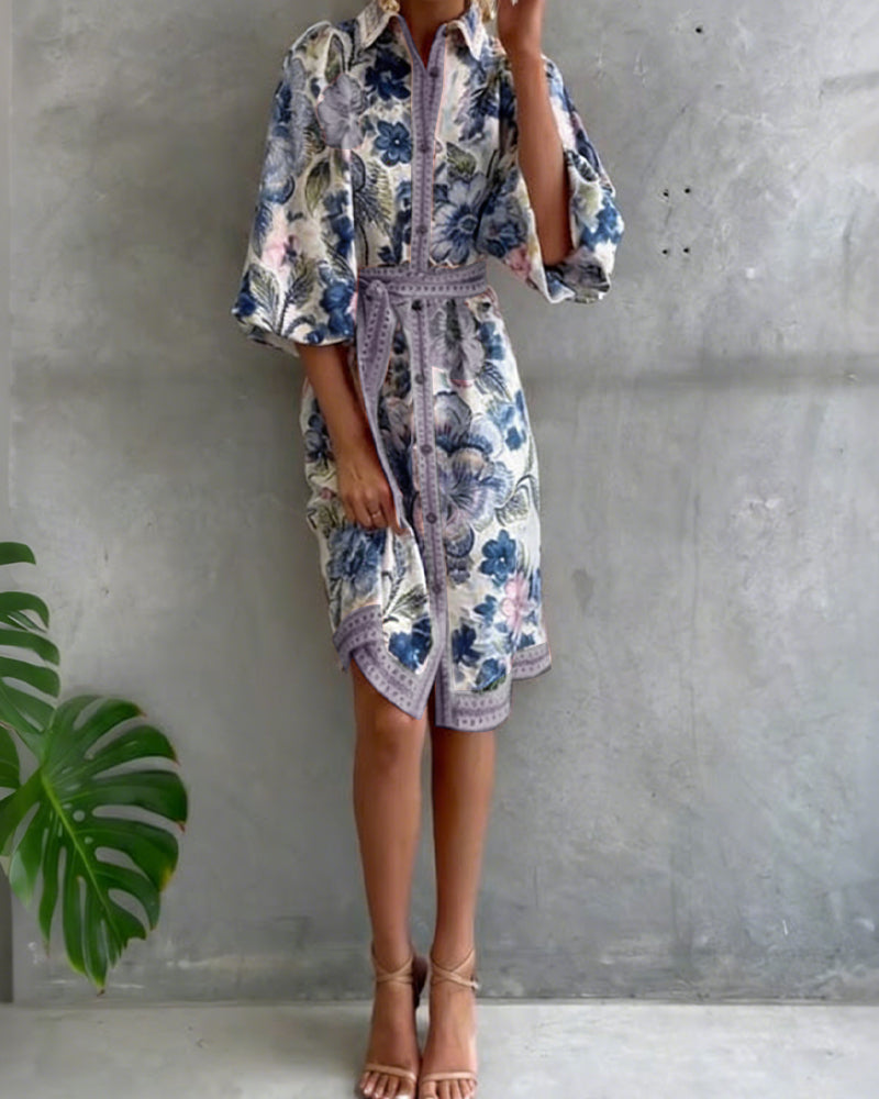 Robe Manche Lanterne Col Cranté Imprimé