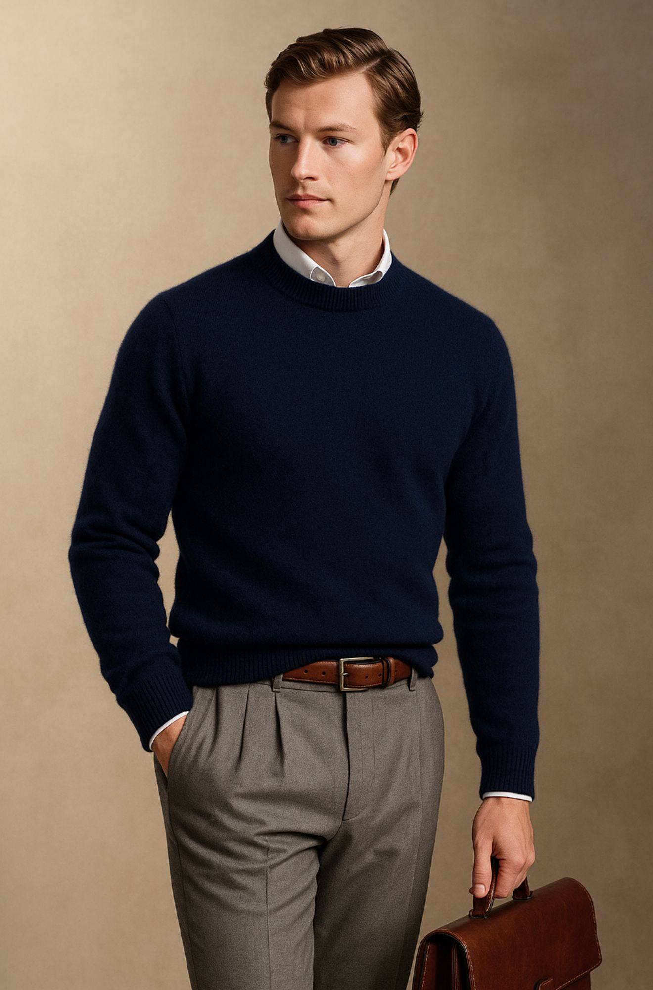 Pull col rond élégant Giles de Danoir Paris en maille douce, porté avec manches longues et coupe ajustée.