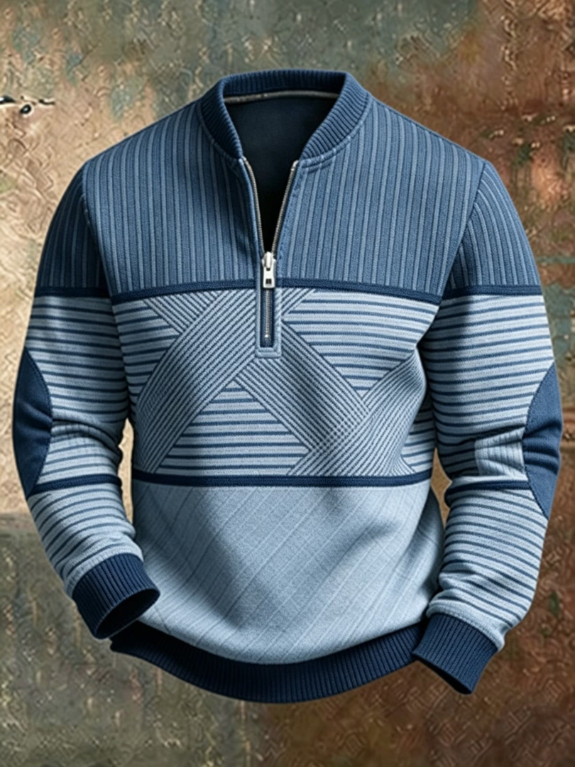 Pull pour hommes Viktor de Danoir Paris avec demi-zip, style moderne, en tissu doux, porté par un homme.