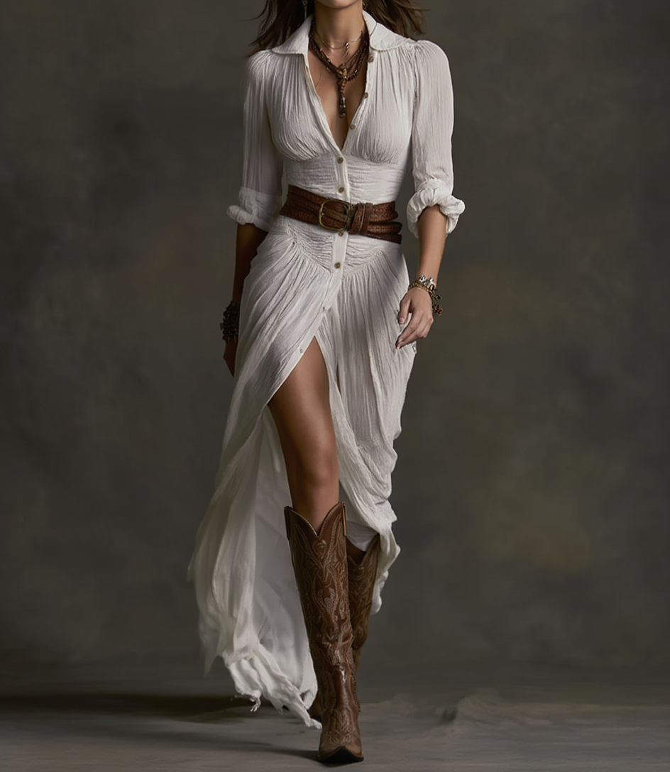 Robe longue en lin Aurore de Danoir Paris avec col inversé, vêtement élégant et fluide pour femme.