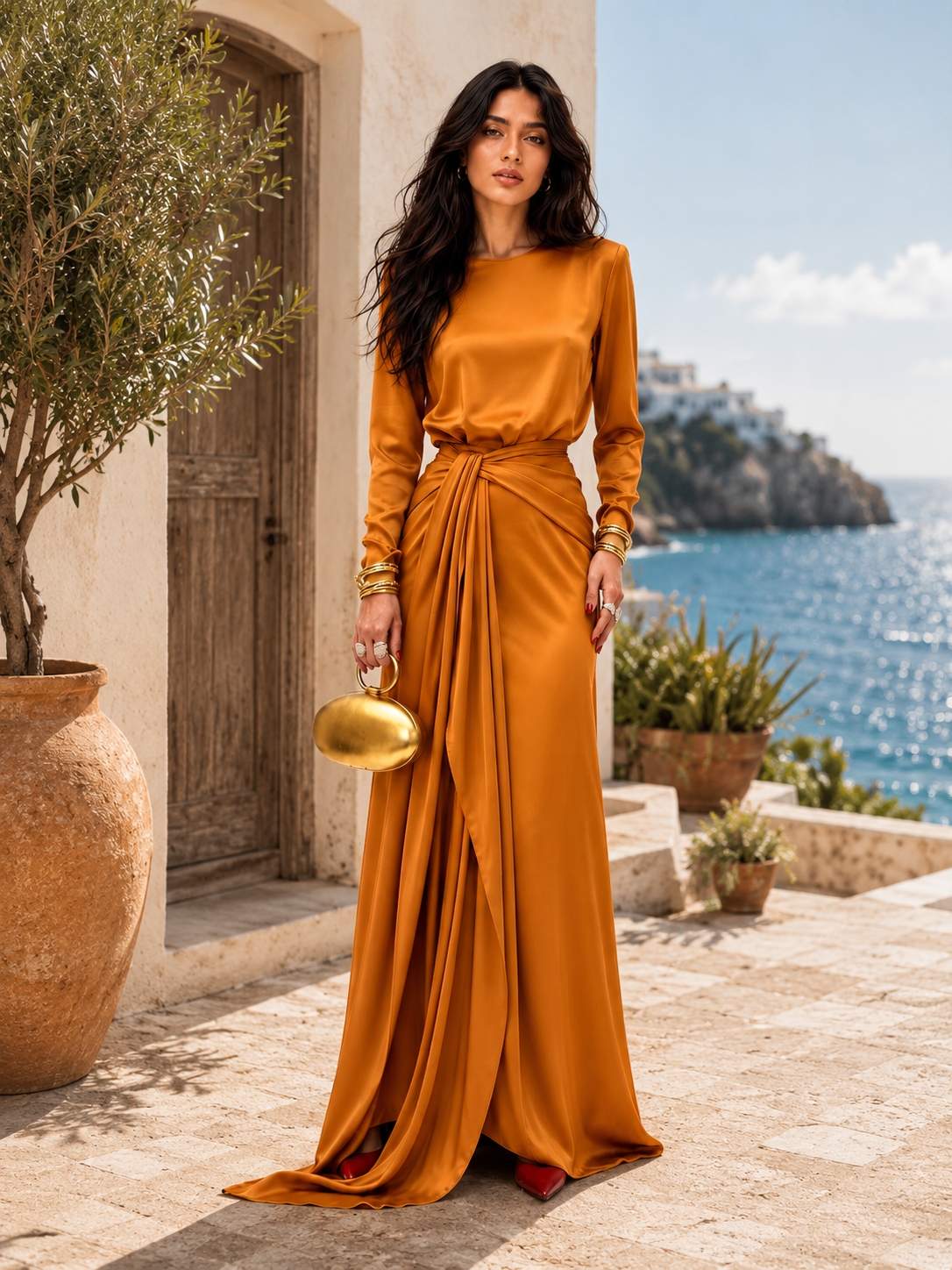 Robe longue femme en satin drapé Cassandra de Danoir Paris, élégante et fluide, couleur ivoire, vue de face.