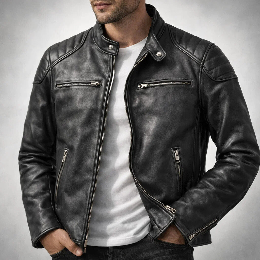 Veste en cuir Colt Maddox de Danoir Paris, détail de la texture en cuir et coupe élégante vue de face.
