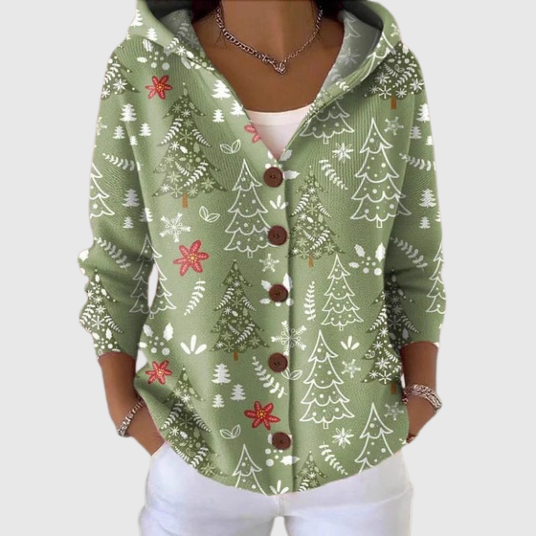 Cardigan confort à capuche en maille Danoir Paris porté, douceur et style avec poche kangourou, couleurs neutres.