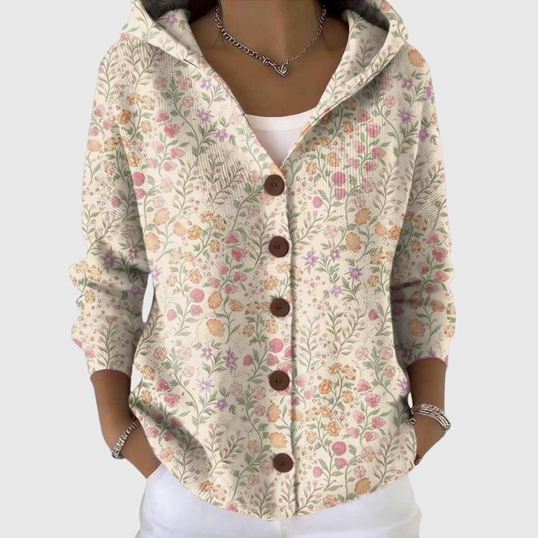 Cardigan Danoir Paris en maille confortable avec capuche, couleur neutre, porté sur un mannequin.