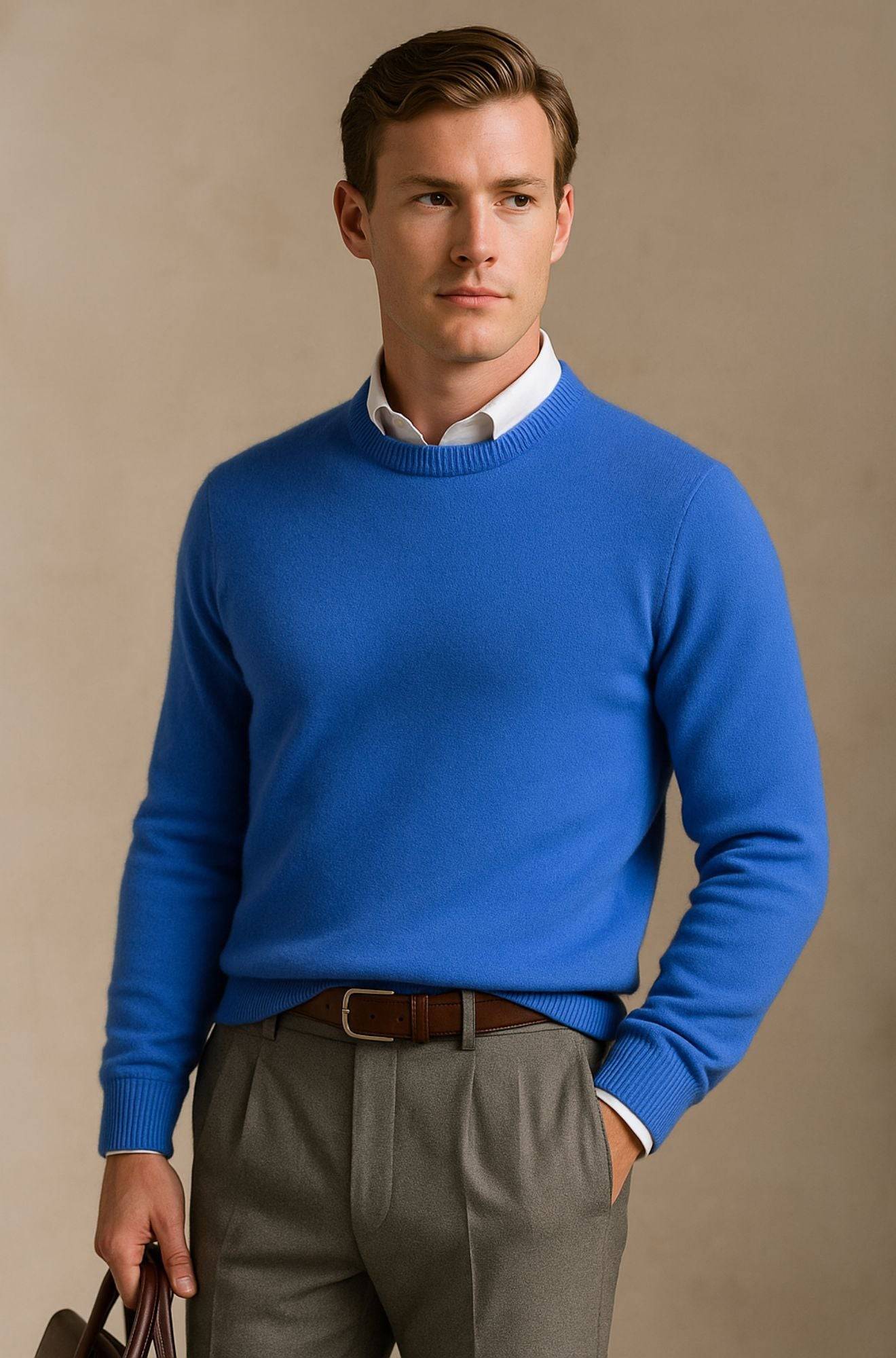 Pull col rond élégant Giles de Danoir Paris, en laine douce, couleur neutre, porté décontracté avec manches longues.
