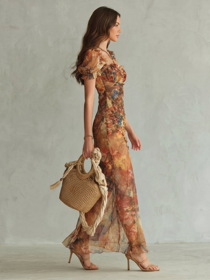 Ciel | Robe midi fendue froncée à manches volantées