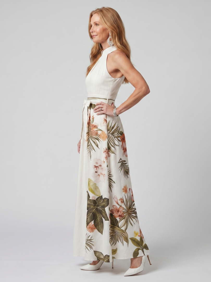 Meadow | Robe longue drapée à licou et empiècements fleuris
