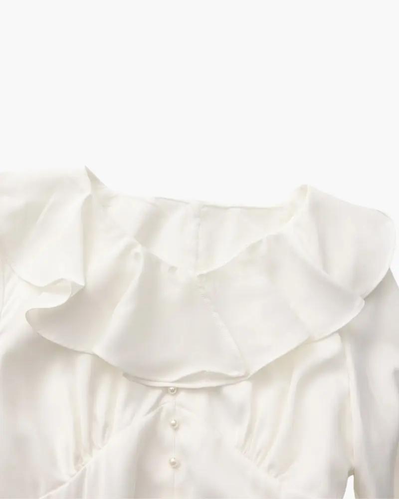 Pearl Button Ruffle Midi Dress Old Money Women