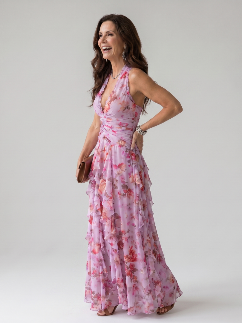 Nori | Robe longue fleurie à col halter et corsage drapé