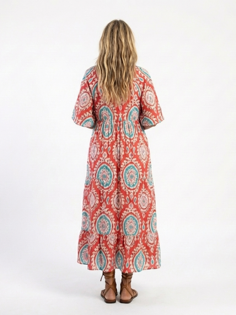 Zaria | Robe midi à manches courtes avec imprimé paisley en V