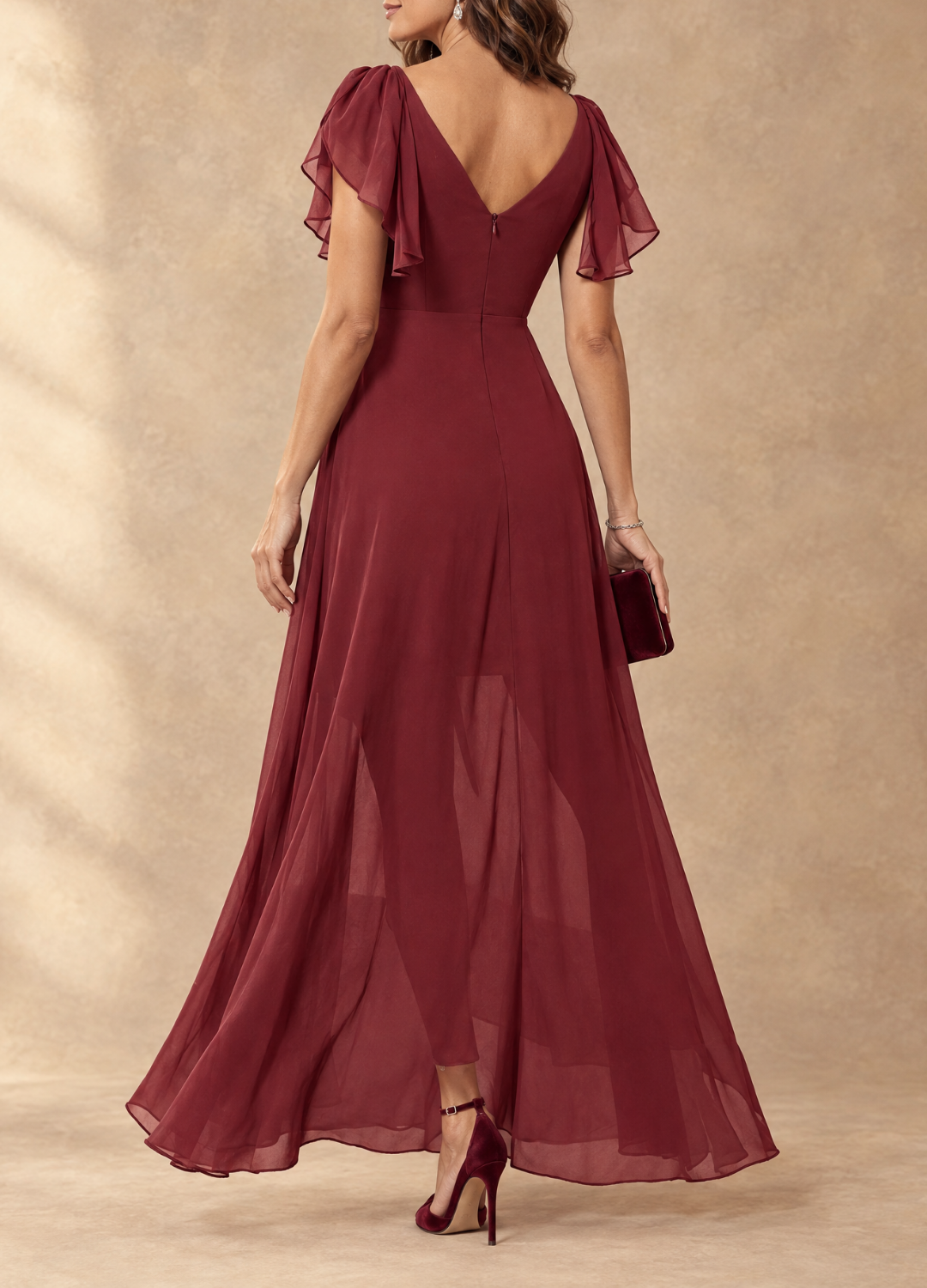 Robe maxi en chiffon Denise de Danoir Paris avec manches volantes et style haute-basse, élégante et fluide.
