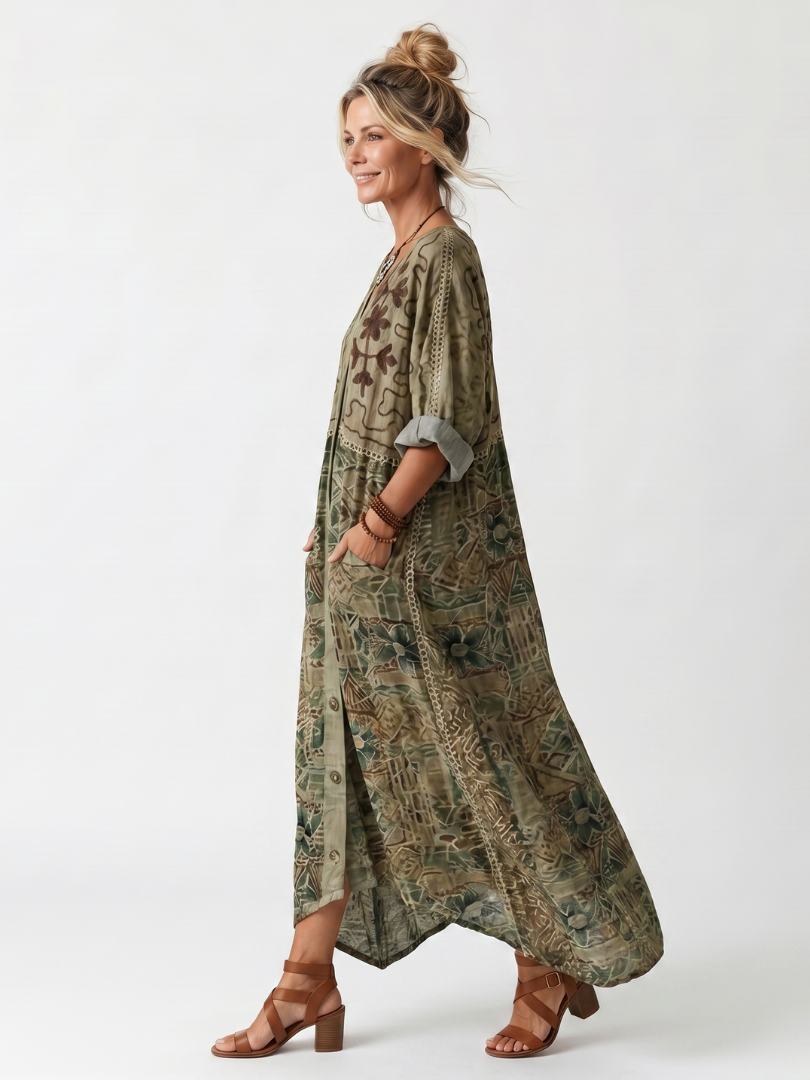 Aleta | Robe midi oversize avec poches brodées et fermeture à boutons