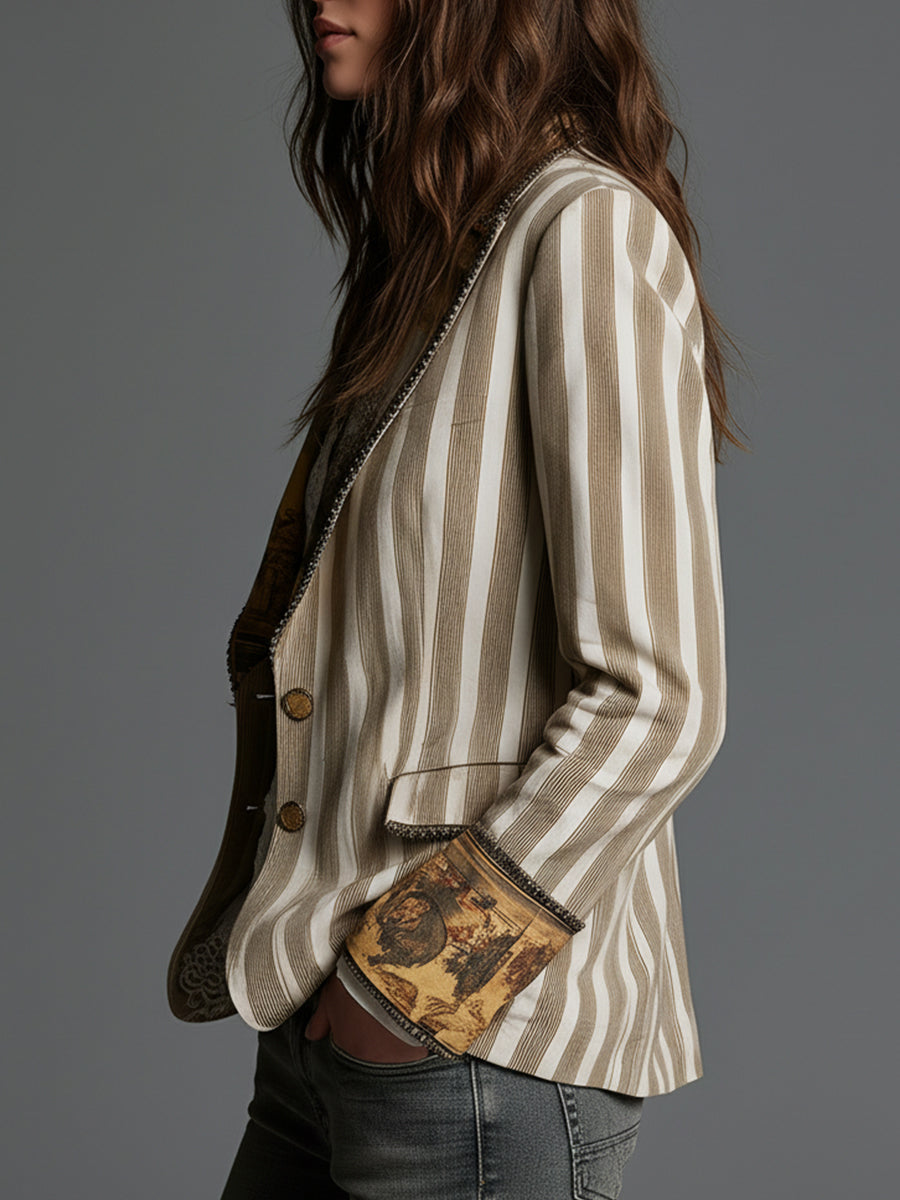 Blazer long à manches longues Danoir Paris Suzanne, rayé avec col imprimé bohème, élégant et tendance.