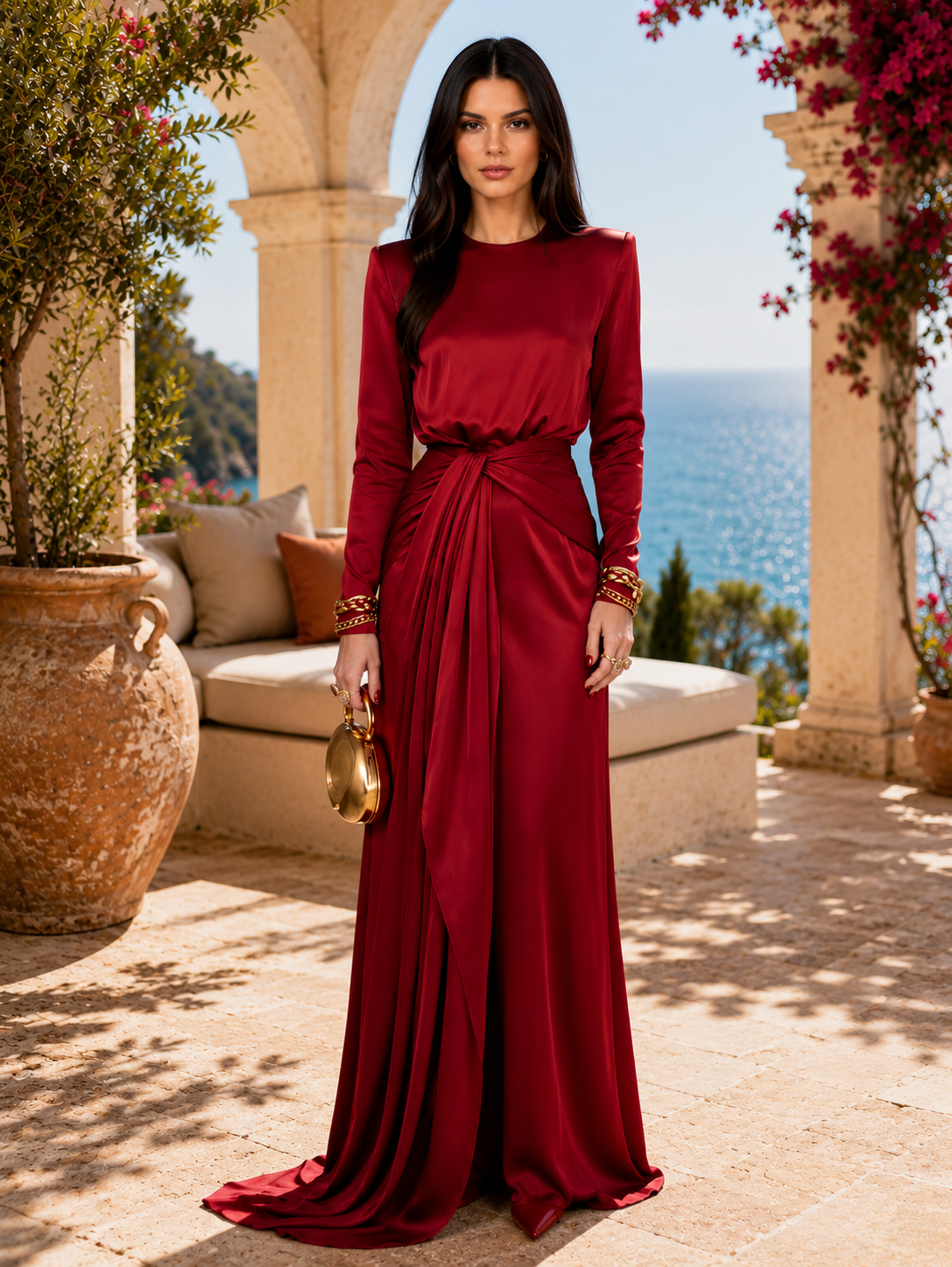 Robe longue en satin drapé Cassandra pour femme, élégante et fluide, signée Danoir Paris, vue sur le mannequin.