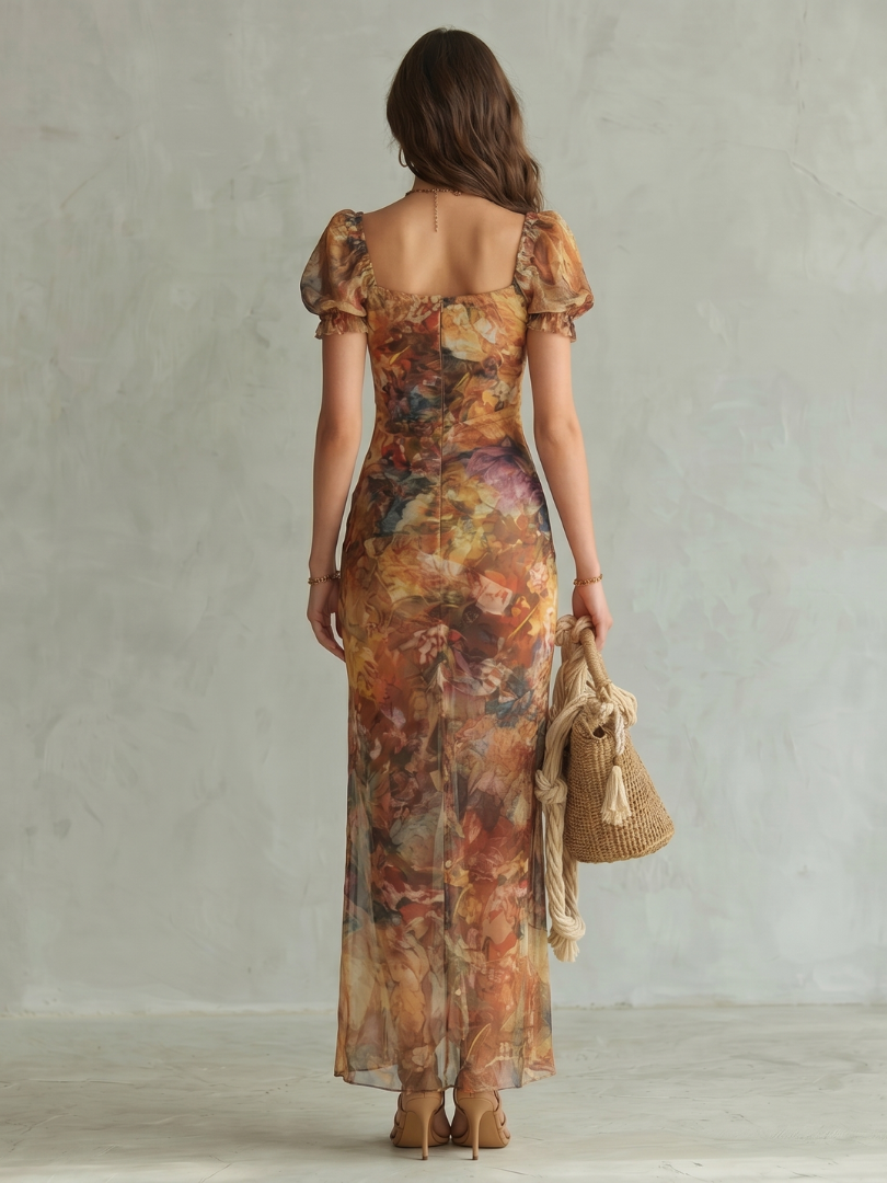 Ciel | Robe midi fendue froncée à manches volantées
