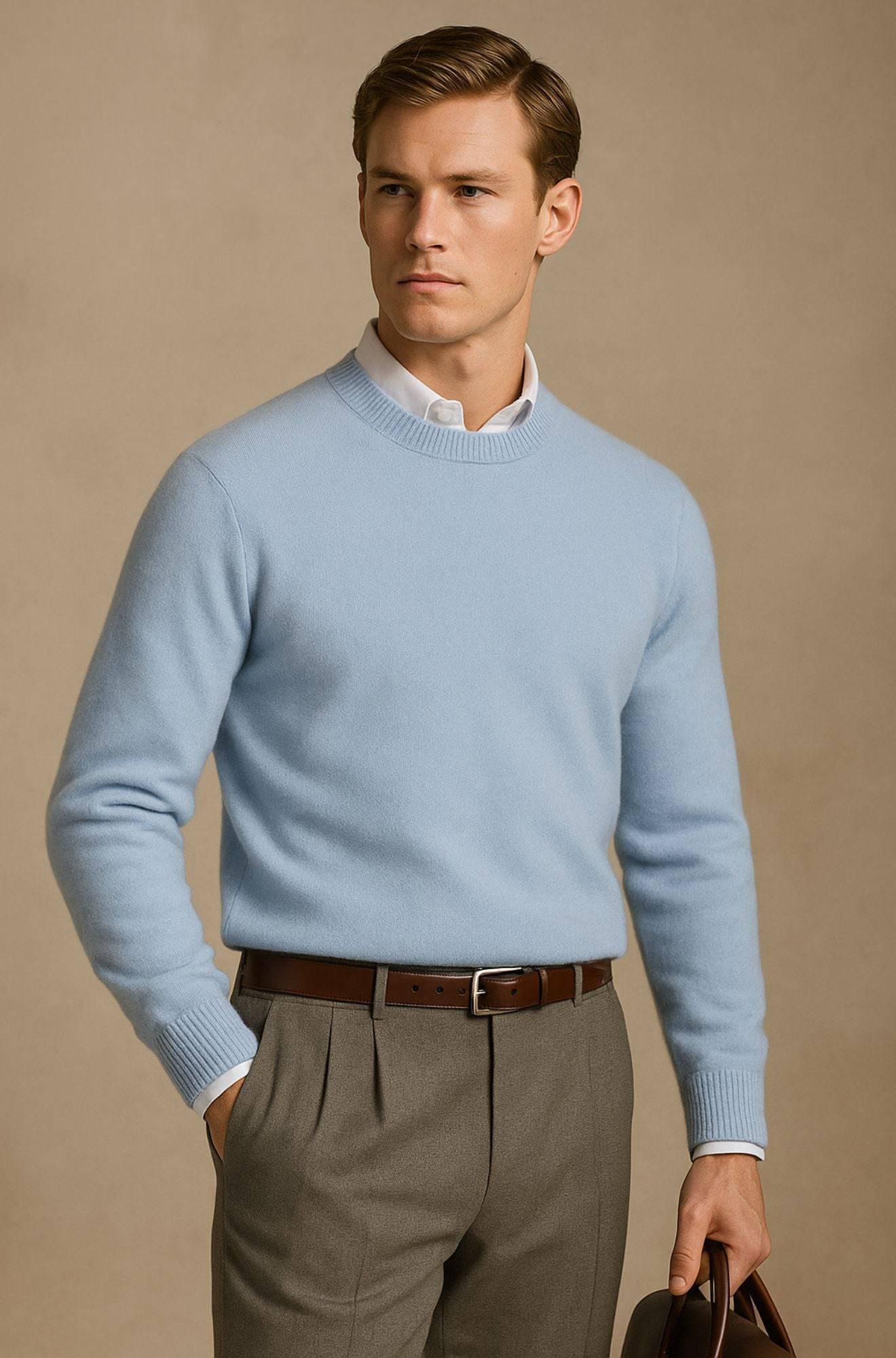 Pull col rond élégant Giles de Danoir Paris, en tissu doux, couleur sobre, porté sur mannequin pour un style chic et moderne.