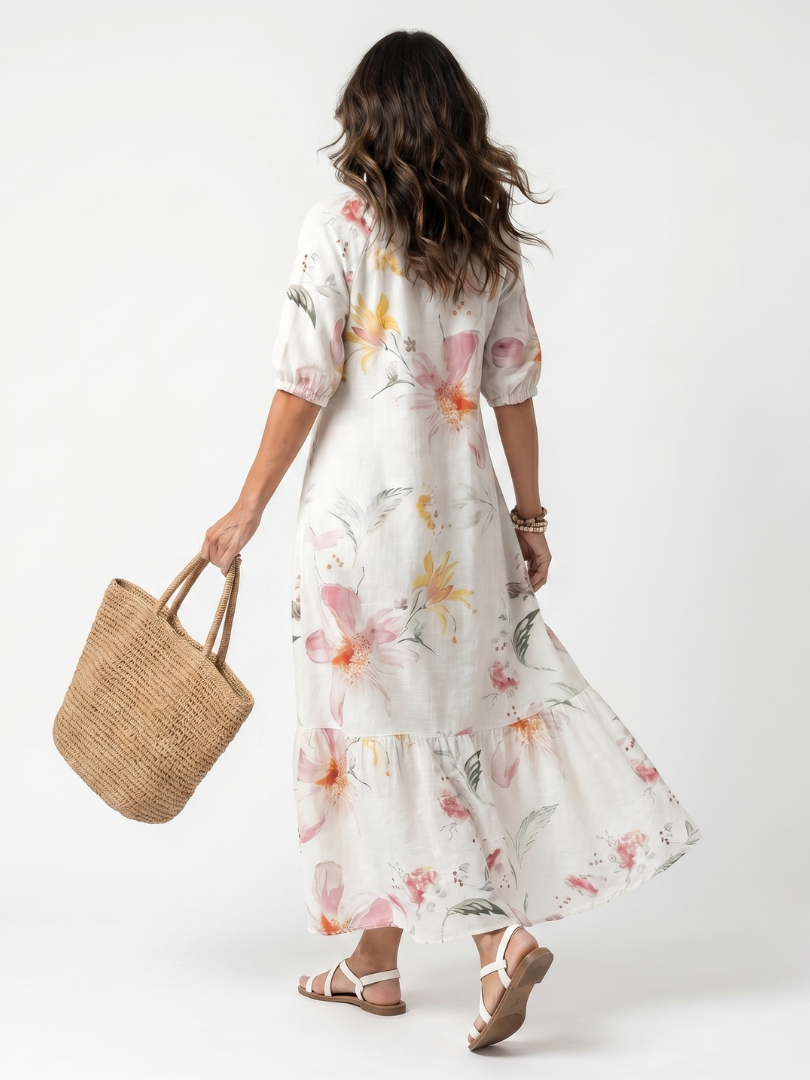 Noa | Robe Midi Florale Douce à Volants et Franges