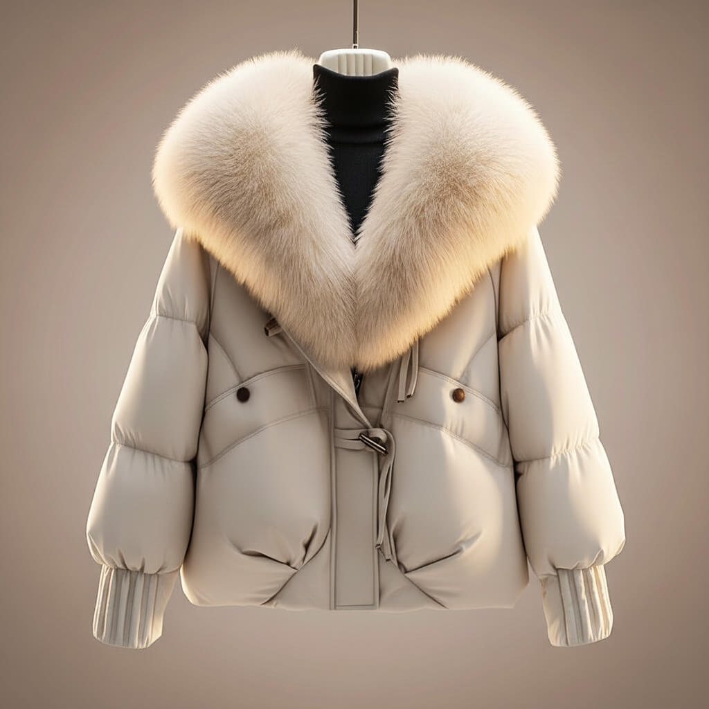 Manteau élégant Elsie™ de Danoir Paris, coupe chic en laine noir avec col en fourrure synthétique, porté sur un mannequin.