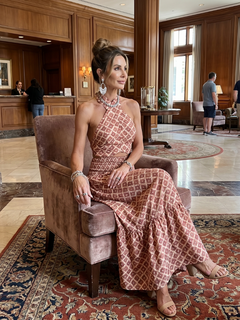 Amira | Robe midi asymétrique imprimé géométrique avec découpes