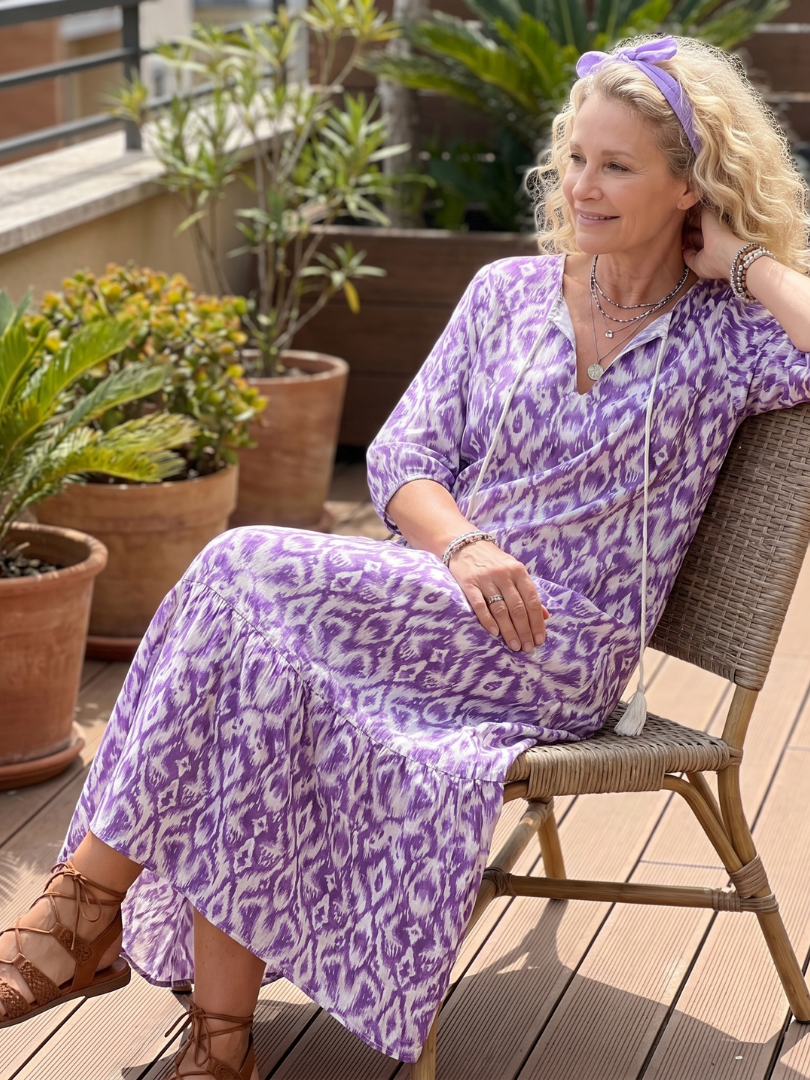 Pénélope | Robe midi à franges avec imprimé à liens