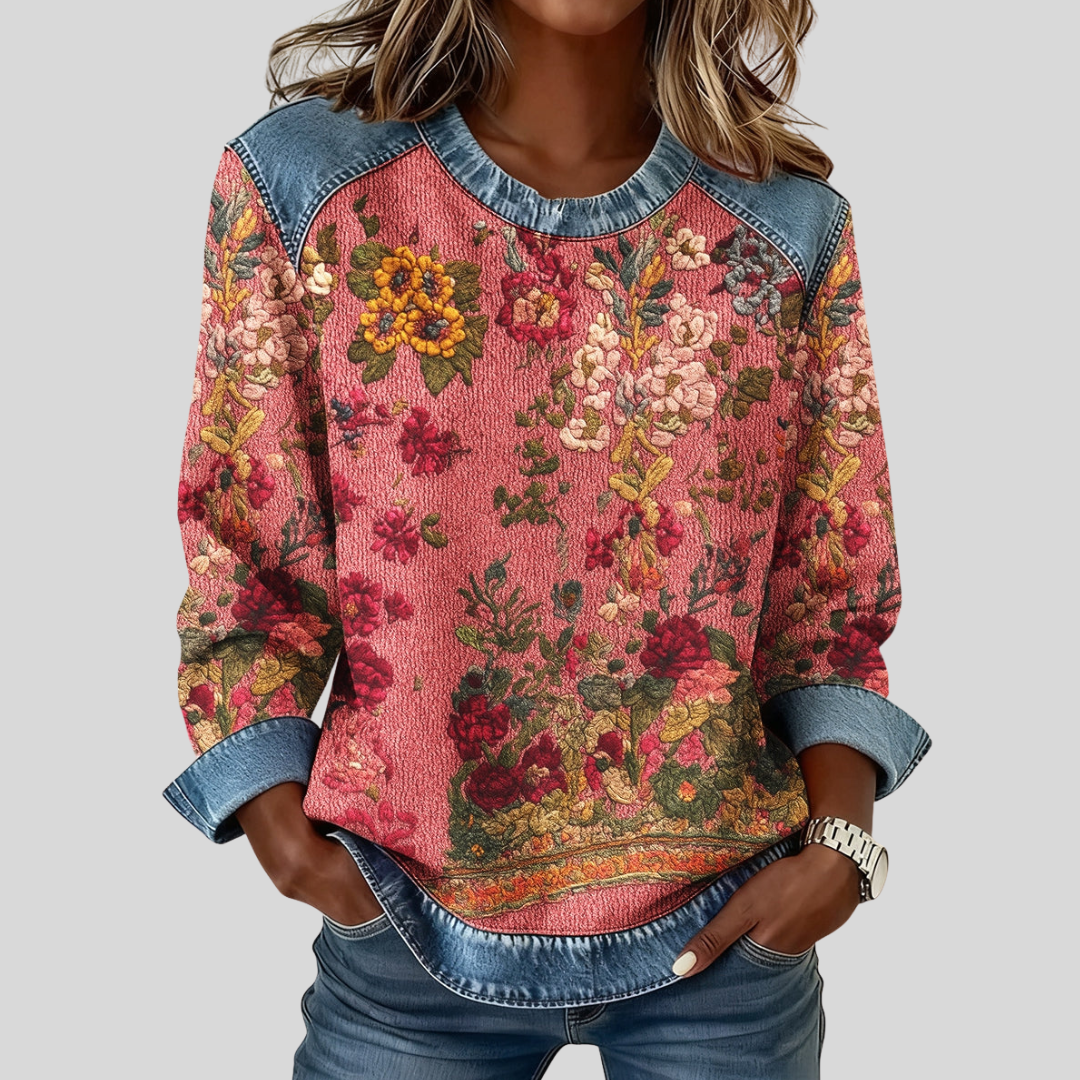 Sweat-shirt Danoir Paris Farrah à fleurs avec détails contrastés, manches longues et col rond, look tendance et confortable.
