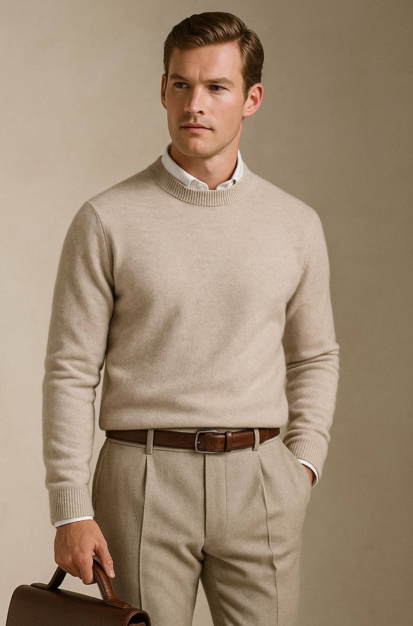 Pull col rond élégant Giles de Danoir Paris, en tissu doux, porté sur mannequin, couleur neutre, style moderne et sophistiqué.