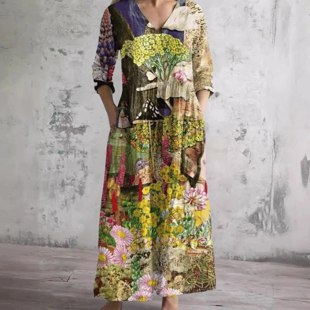 Robe d'été florale Olda™ de Danoir Paris, motif coloré, manches courtes et coupe fluide, idéale pour l'été.