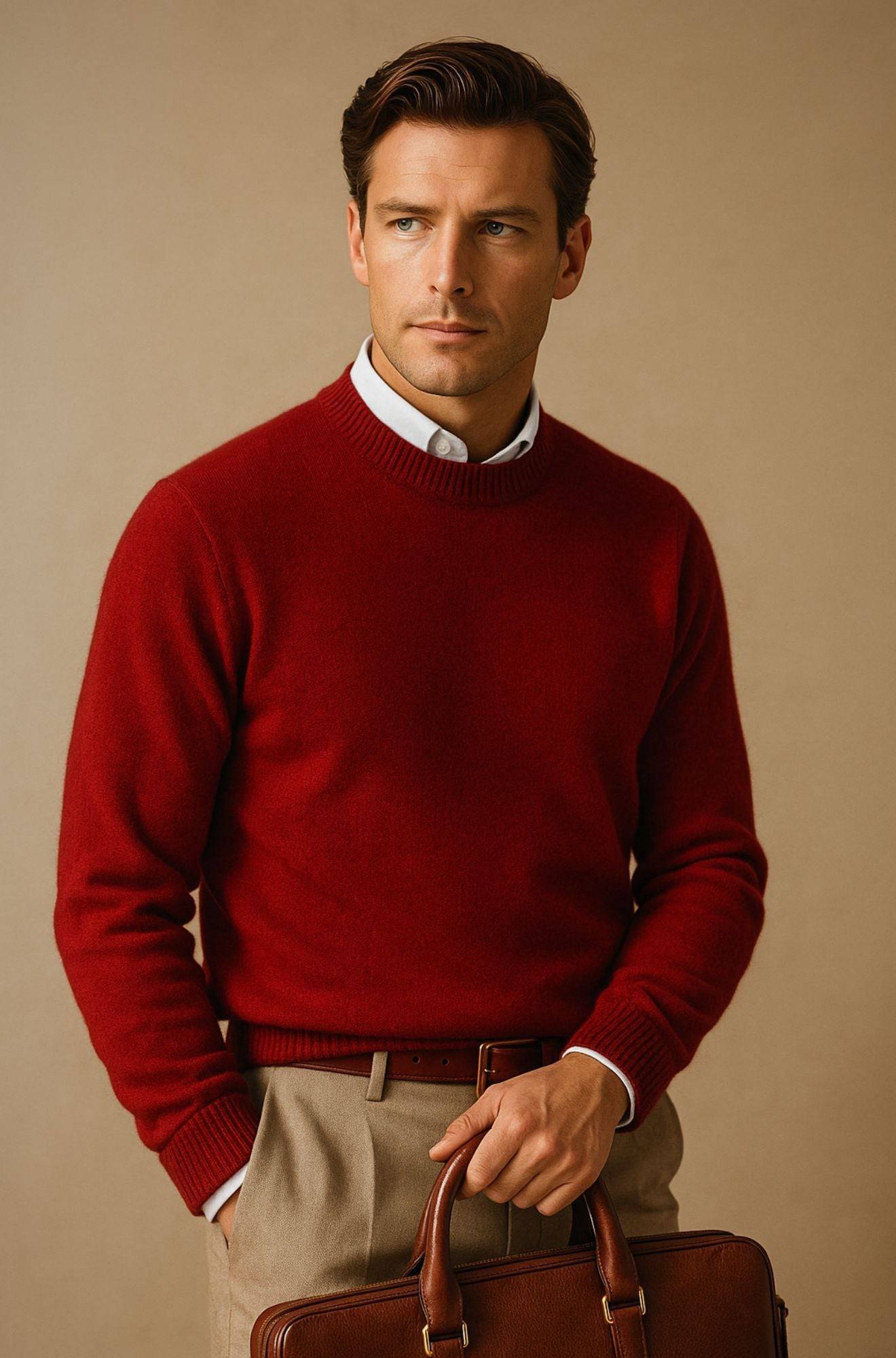 Pull col rond élégant Giles de Danoir Paris, en tissu doux, couleur neutre, porté sur un mannequin.