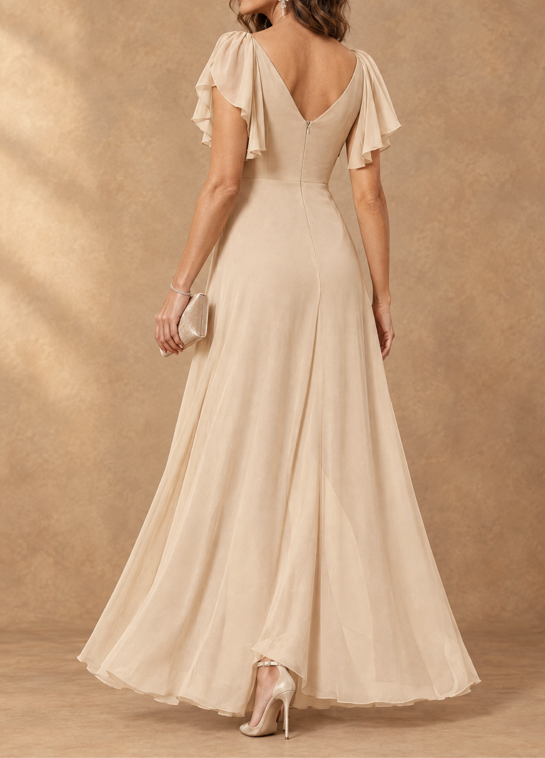 Robe maxi chiffon Denise Danoir Paris avec manches volantes et style haut-bas, élégante et fluide, portée en soirée ou en occasion spéciale.