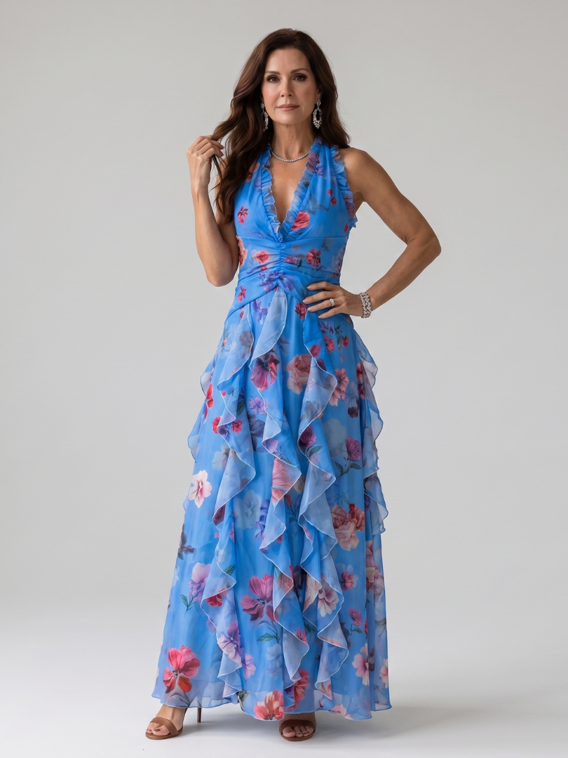 Nori | Robe longue fleurie à col halter et corsage drapé