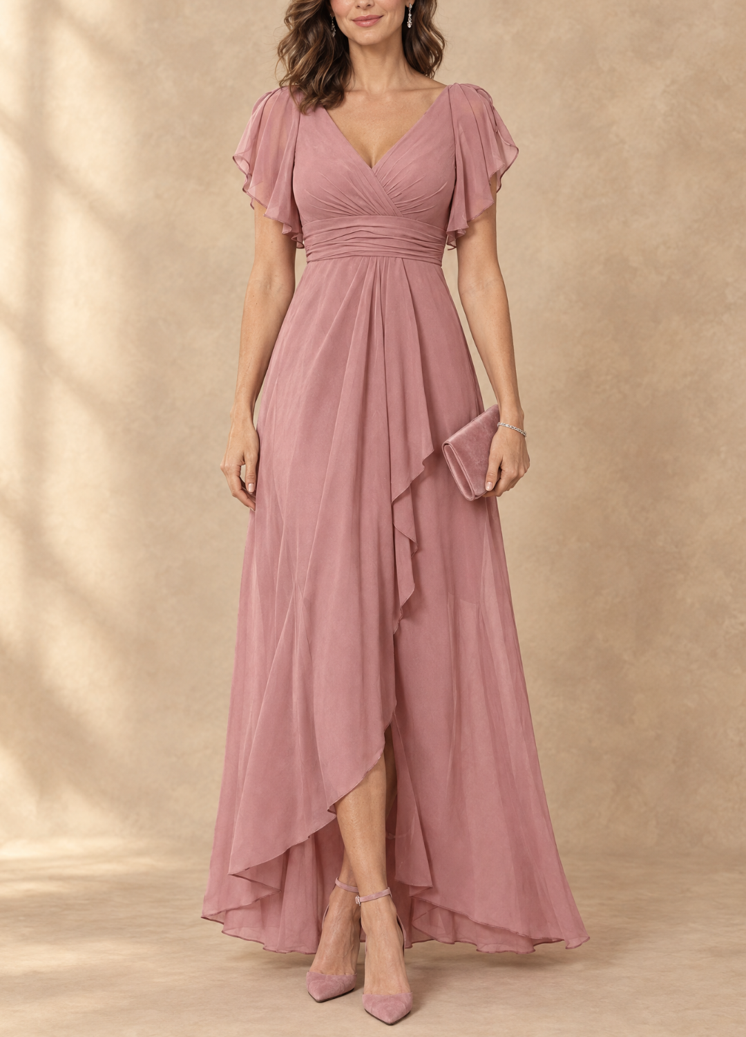 Robe longue en chiffon Denise Danoir Paris avec manches volantes et design haute-basse, élégante et fluide.