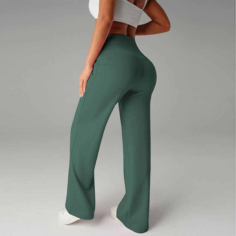 Pantalon femme à jambes larges et droites, taille haute, tissu extensible, de la marque Danoir Paris, en tissu noir.