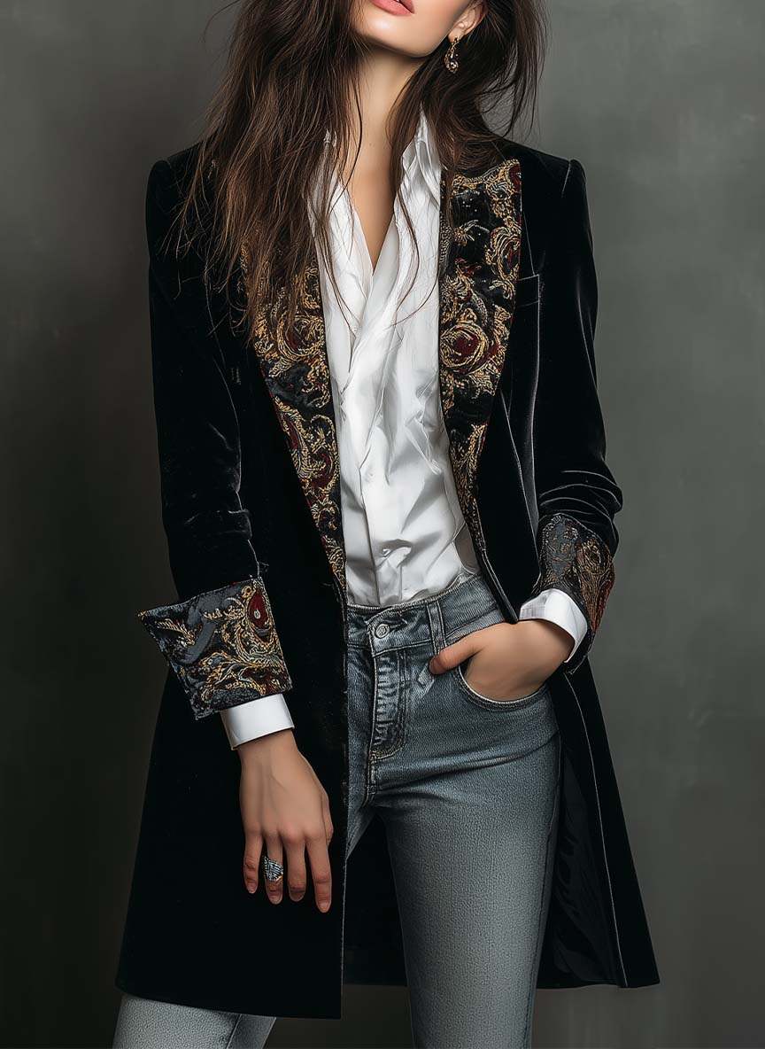 Blazer ajusté à manches longues Danoir Paris Léontine avec imprimé baroque noir, textile élégant et style sophistiqué.