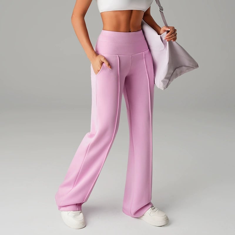 Pantalon femme à jambes larges et droites, taille haute, en tissu extensible, marque Danoir Paris, vue de face en image.